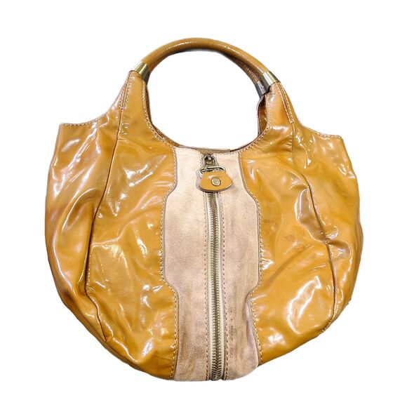Jimmy Choo "Mandah" Camel Patent Leather & Suede Expandable Hobo Bag w/ COA - Picture 2 of 14